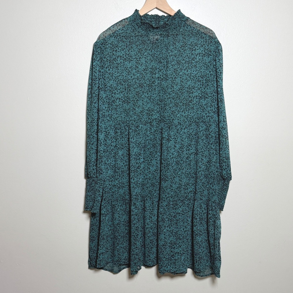 Knox Rose Womens Dress XXL Teal Green‎ Black Floral Smocked Mock Neck Boho Chic